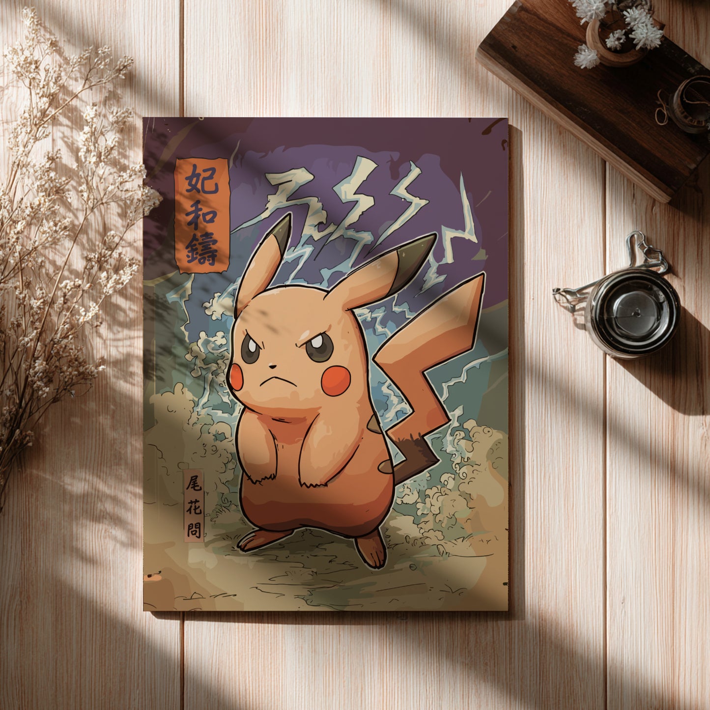 Angry Pikachu Pokemon character on a wooden surface with a cup and plant