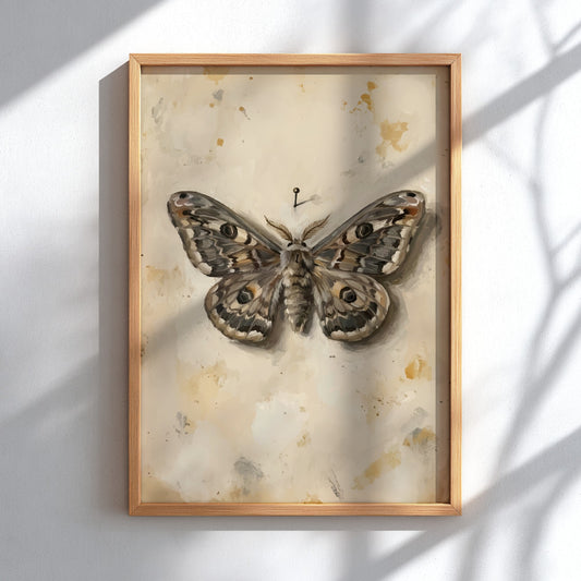 Poster of a detailed moth specimen pinned on a vintage cream parchment paper background