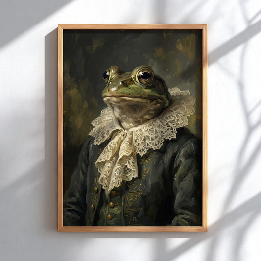 Poster of a frog wearing a lace ruff and dark doublet in oil painting style.