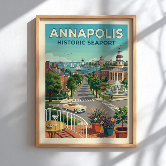 Annapolis historic seaport travel poster with vintage car, sailboats, and lighthouse in a retro style.