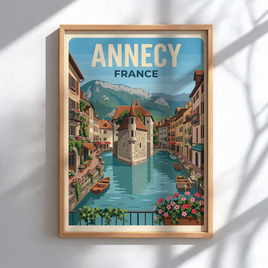 Annecy France travel poster featuring a canal, historic buildings, and mountains in vintage style.