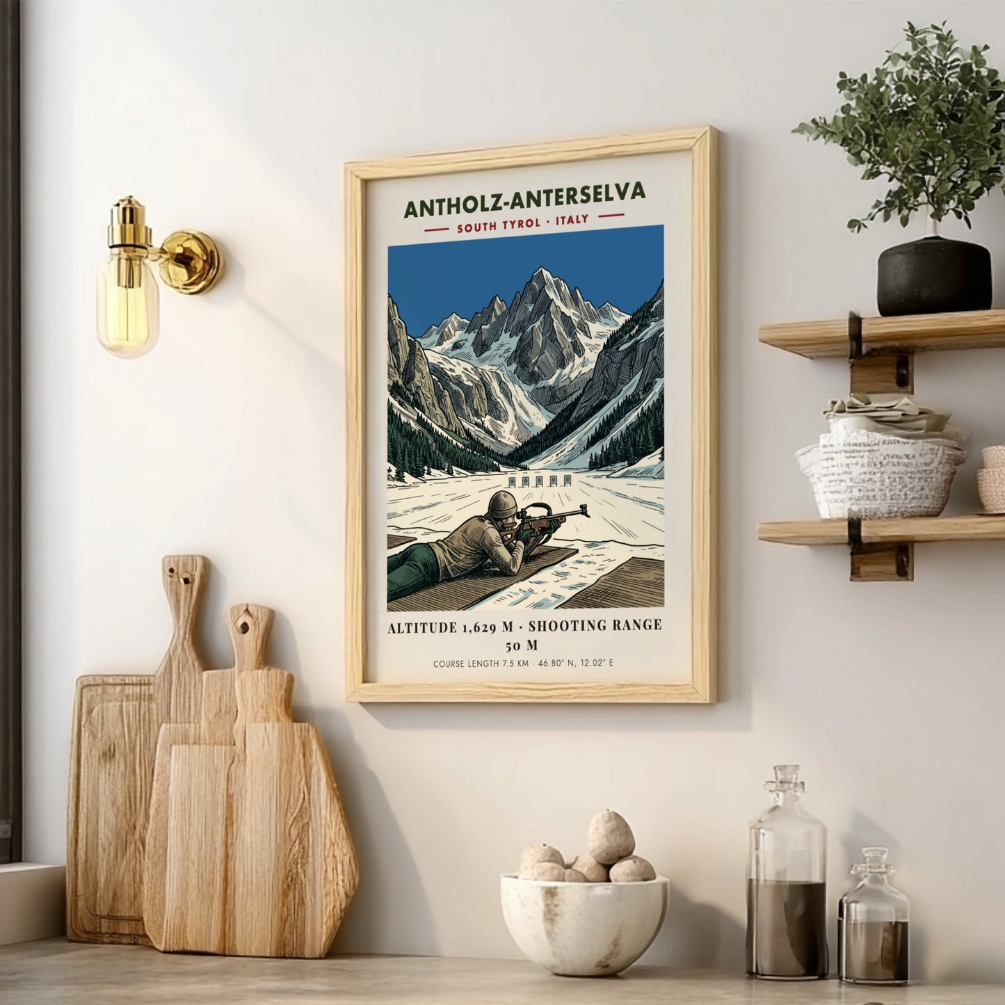 Poster showing a biathlete aiming at a target against a dramatic snowy mountain backdrop.