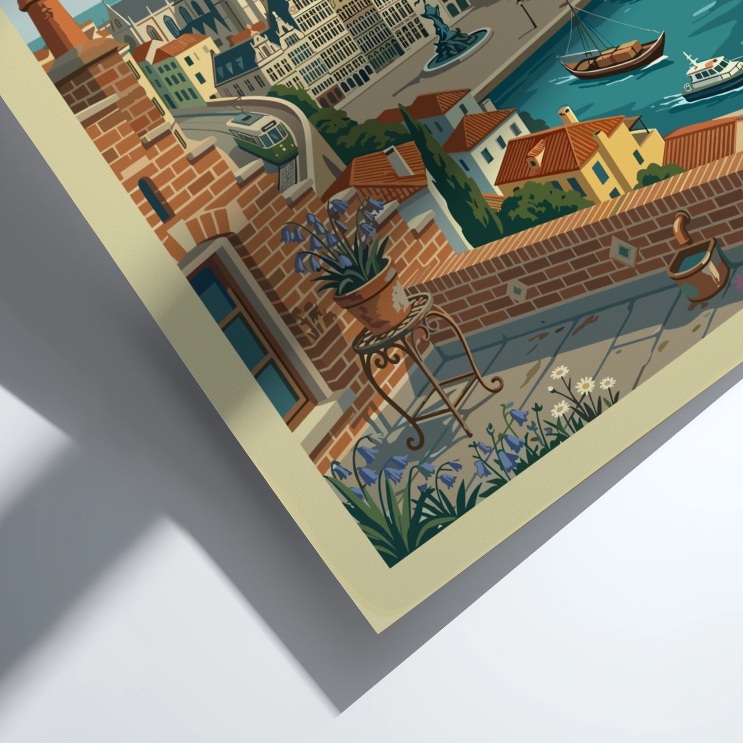 Vintage Antwerp Belgium travel poster featuring city skyline, cathedral, and port in a retro style.