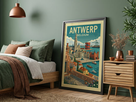 Vintage Antwerp Belgium travel poster featuring city skyline, cathedral, and port in a retro style.