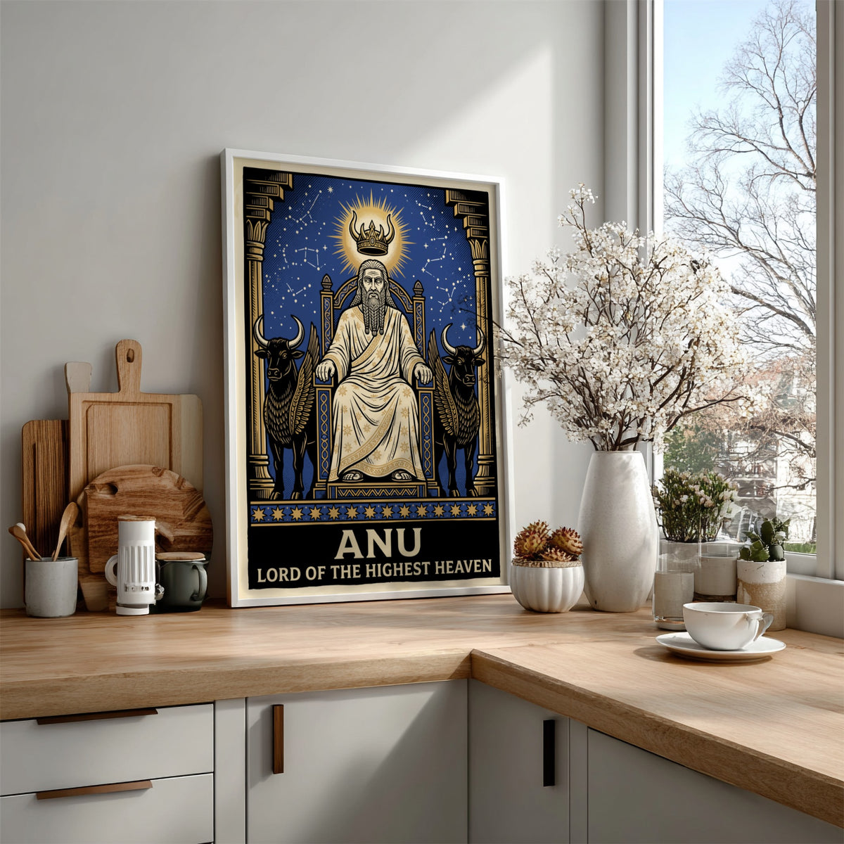 Poster featuring Anu, the Mesopotamian sky god, seated on a throne between winged bulls.