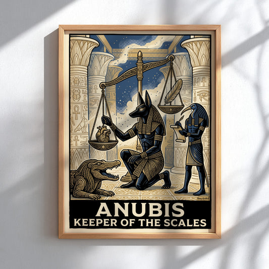 Anubis keeper of the scales poster featuring Egyptian god in blue and gold
