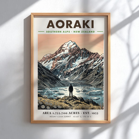Poster featuring Aoraki mountain in the Southern Alps rising above a glacial lake.