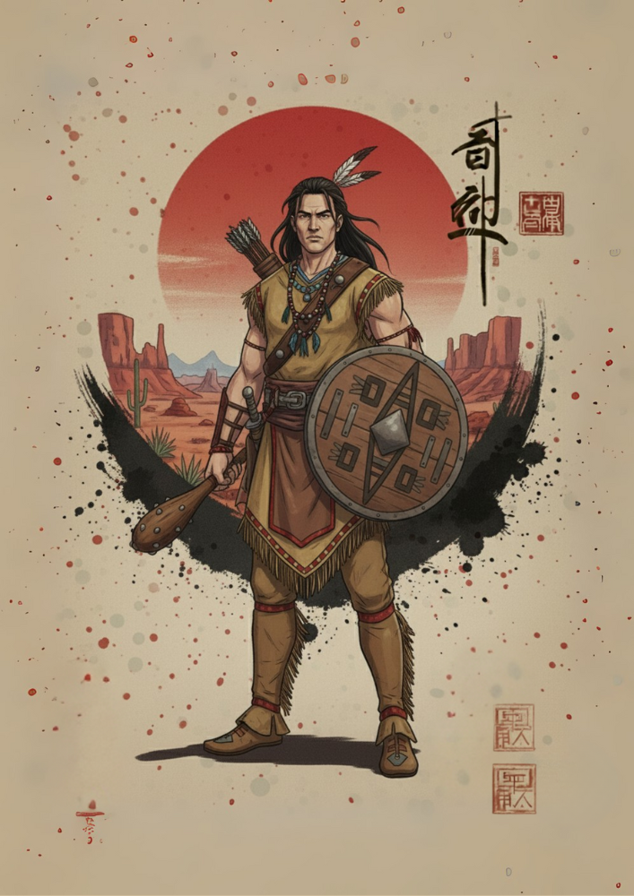 Illustration of a warrior holding a shield and spear against a desert landscape with a red sun.
