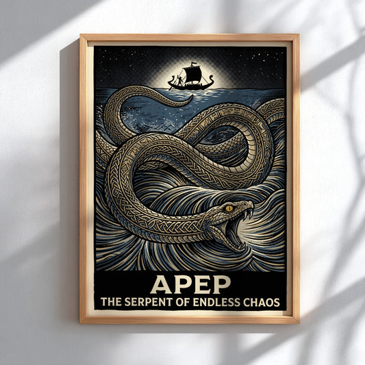 Poster featuring a giant serpent with knotwork scales in dark blue and gold.