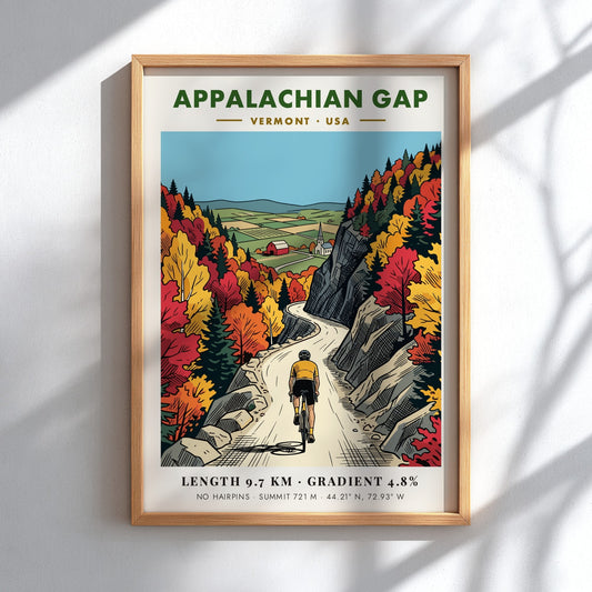 Cycling poster of Appalachian Gap in Vermont featuring a winding road and foliage.