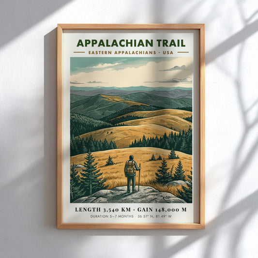 Poster featuring a hiker looking over golden mountains of the Eastern Appalachian Trail landscape.