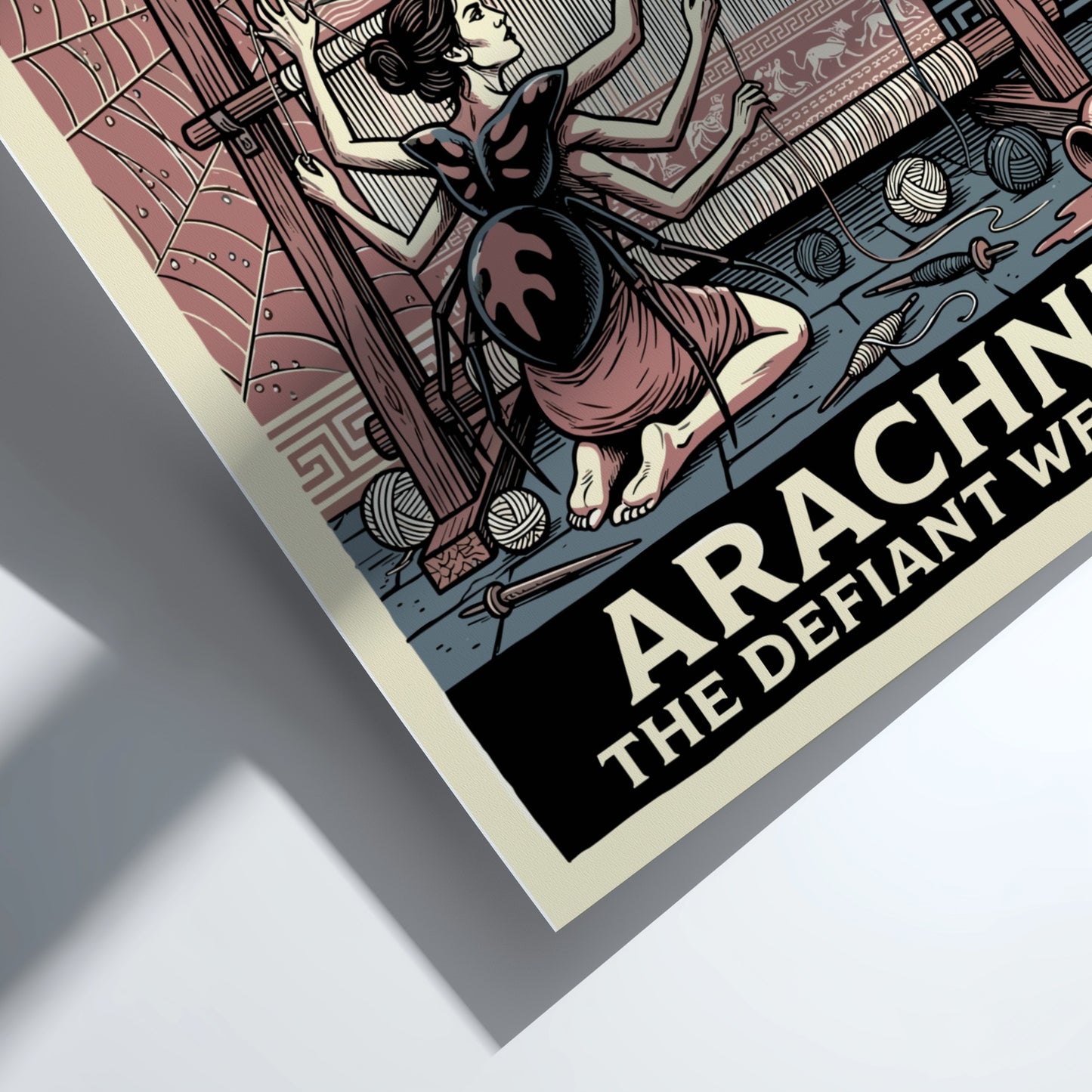 Arachne poster depicting the mythological weaver challenged by Athena, in a vintage illustration style with a