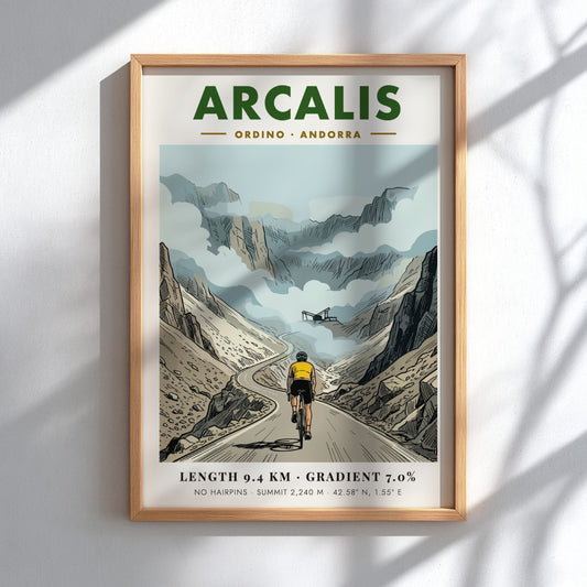 Cycling poster showing a rider climbing the Arcalis mountain pass in Andorra under clouds