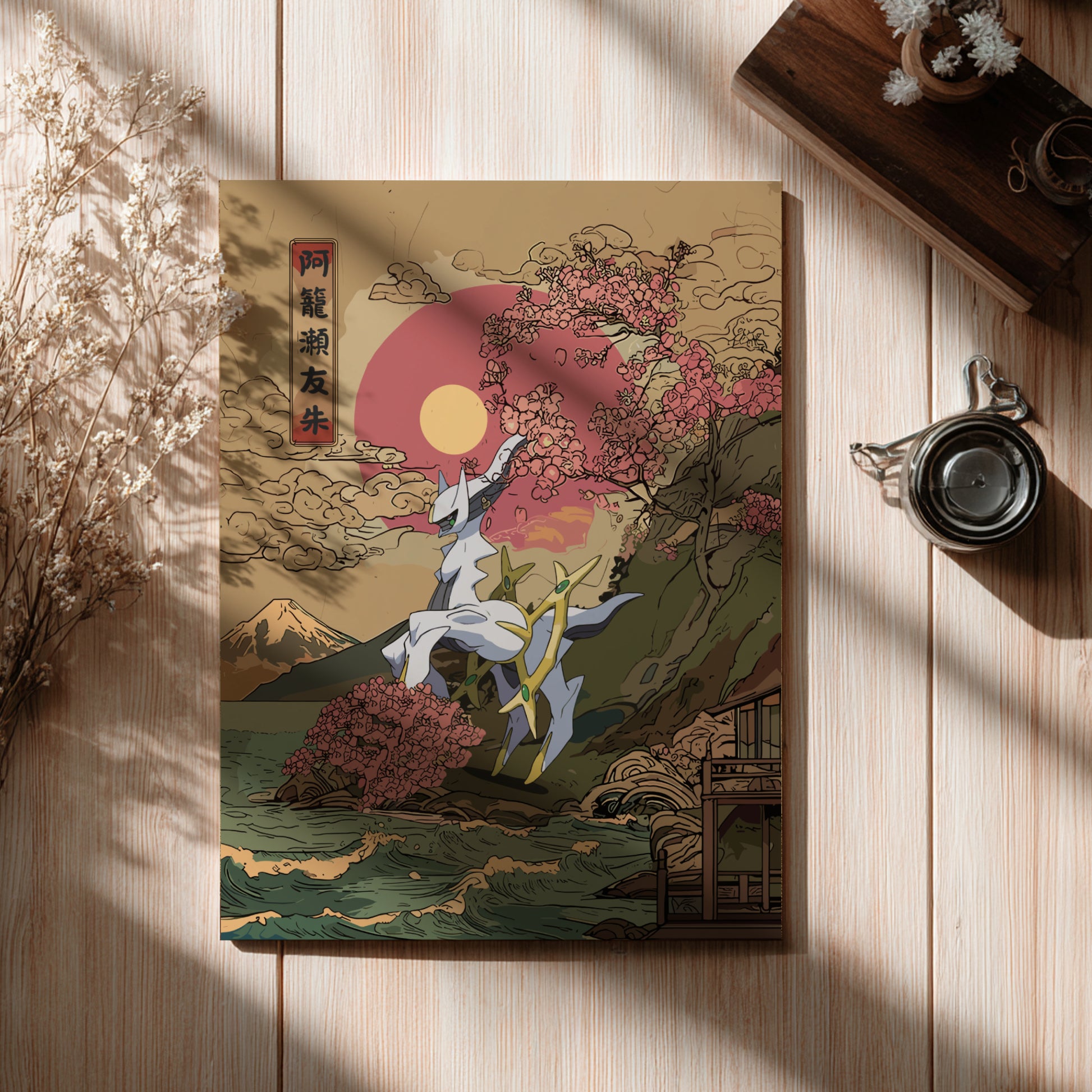 Decorative box with Arceus Pokemon design on a wooden surface