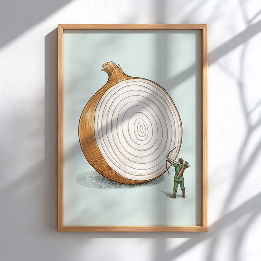 Poster featuring a tiny archer aiming at a giant sliced onion on green background.