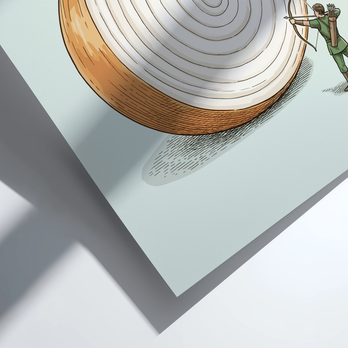 Poster featuring a tiny archer aiming at a giant sliced onion on green background.