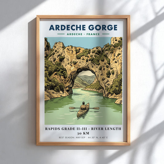 Poster of a kayaker paddling through the natural stone arch at Ardeche Gorge France.