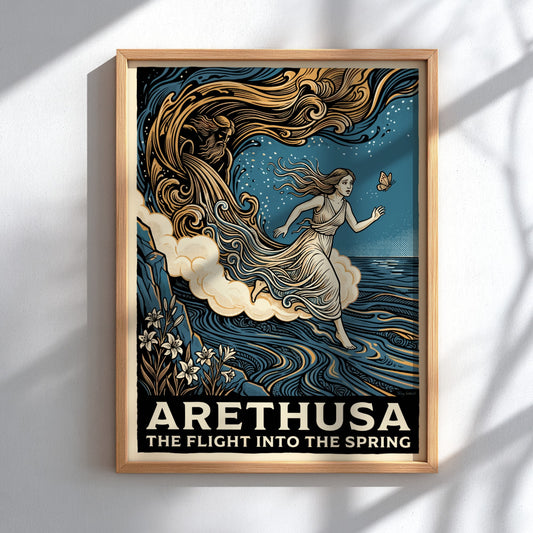 Poster featuring Arethusa fleeing from a river god in a blue woodcut style
