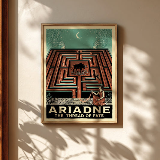 Ariadne's Labyrinth Greek mythology poster in terracotta and teal, featuring the Minotaur and Ariadne.