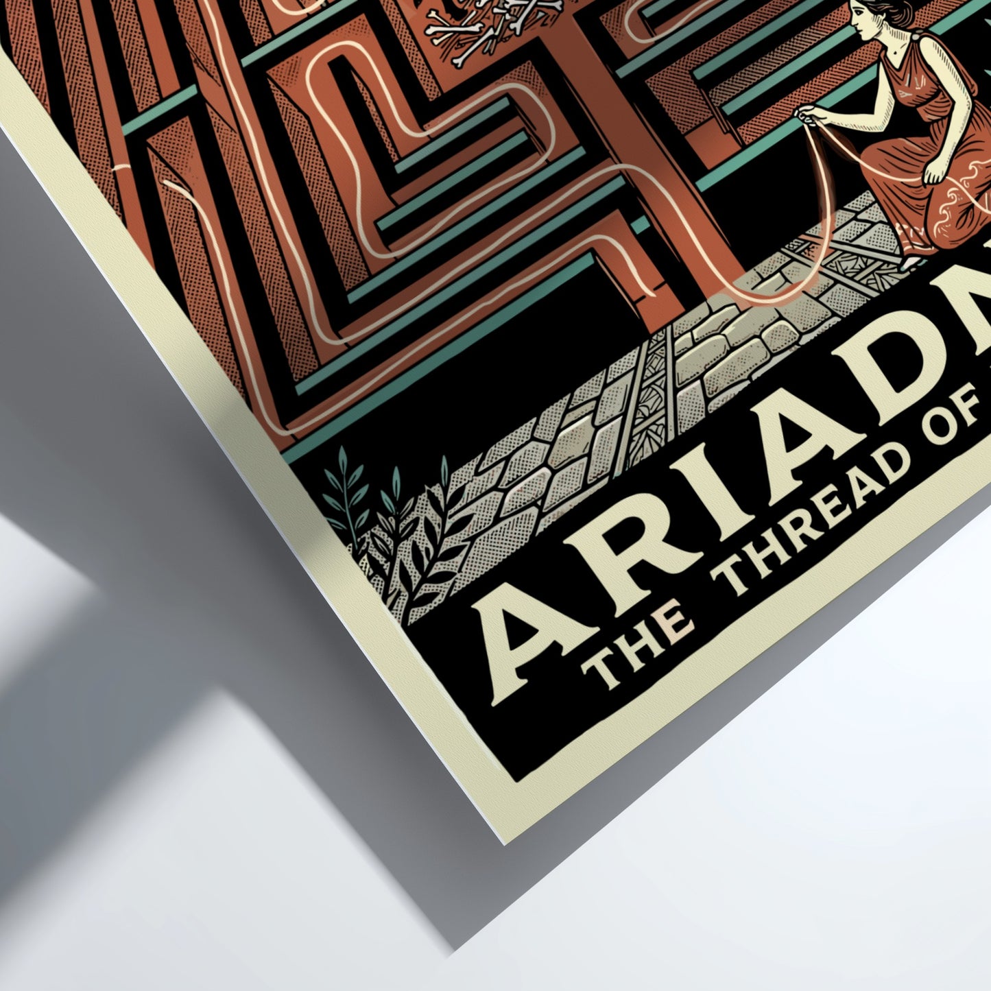 Ariadne's Labyrinth Greek mythology poster in terracotta and teal, featuring the Minotaur and Ariadne.
