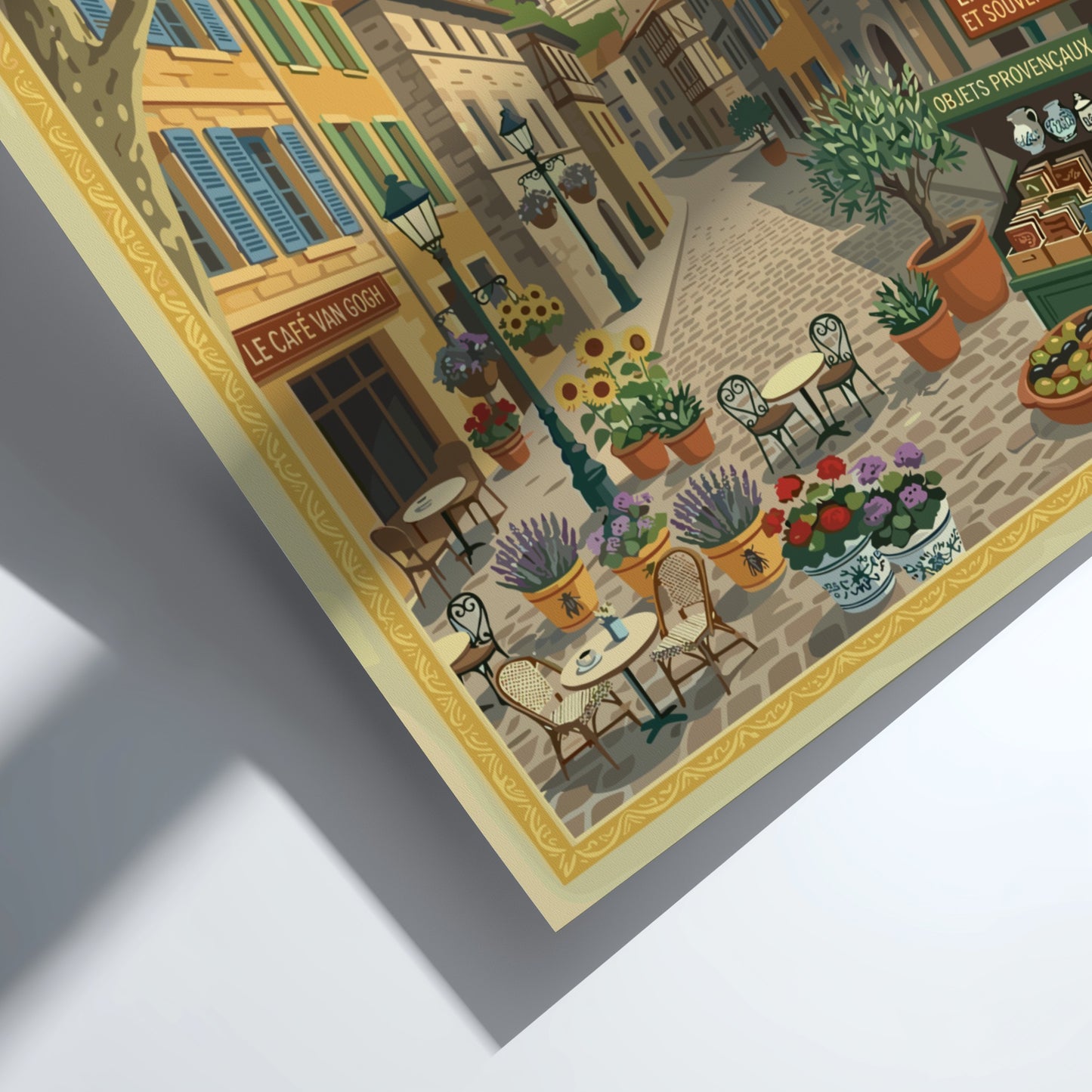 Arles, France travel poster featuring a charming street scene with buildings, flowers, and Roman amphitheater