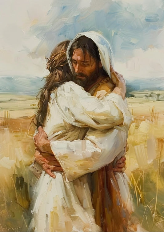En sécurité dans ses bras – Illustration de dessin de l'étreinte de Jésus miséricordieux
