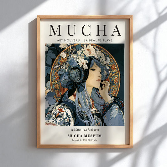 Alphonse Mucha poster featuring Art Nouveau style with intricate details and soft colors