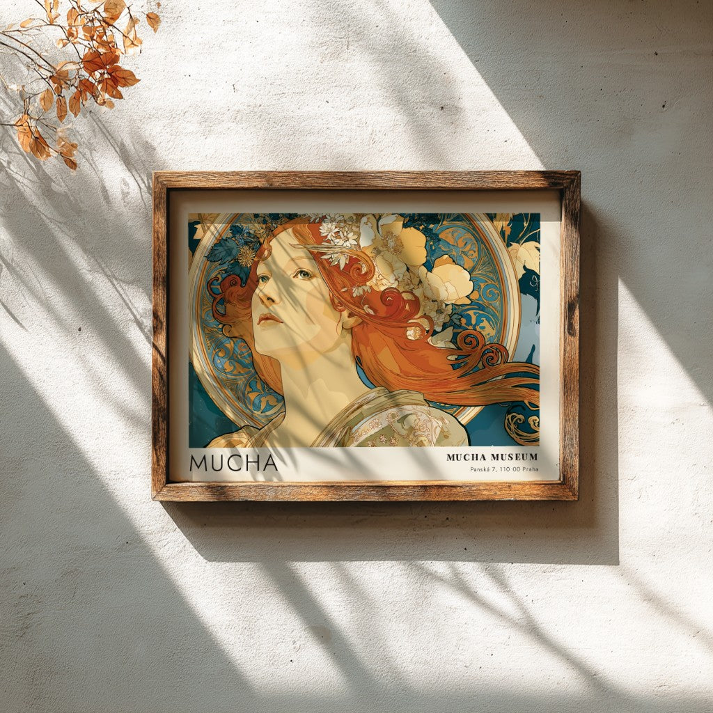 Wall art poster featuring Alphonse Mucha’s La Beaute Slave in blue and ochre tones.