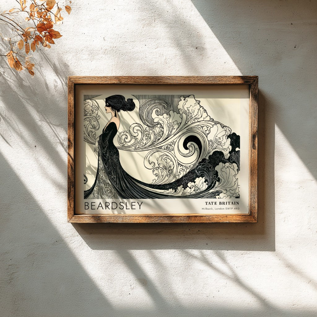 Wall art poster featuring Aubrey Beardsley illustration with flowing lines at Tate Britain.