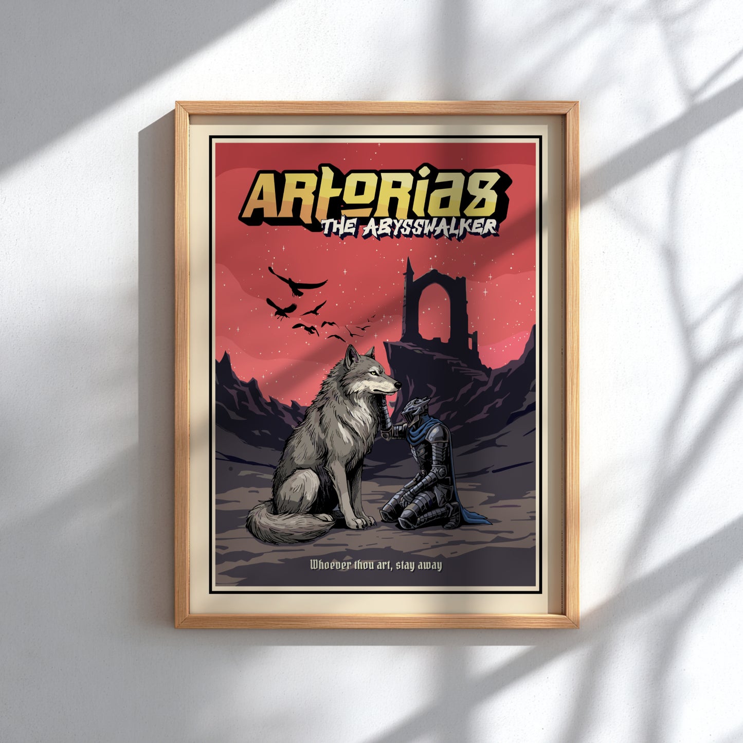 Artorias from Dark Souls illustration on a red background.
