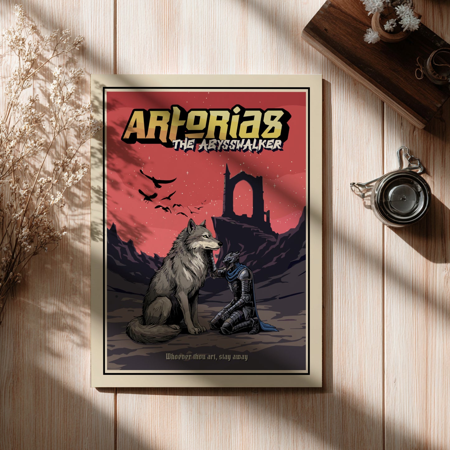 Artorias from Dark Souls on a wooden surface.