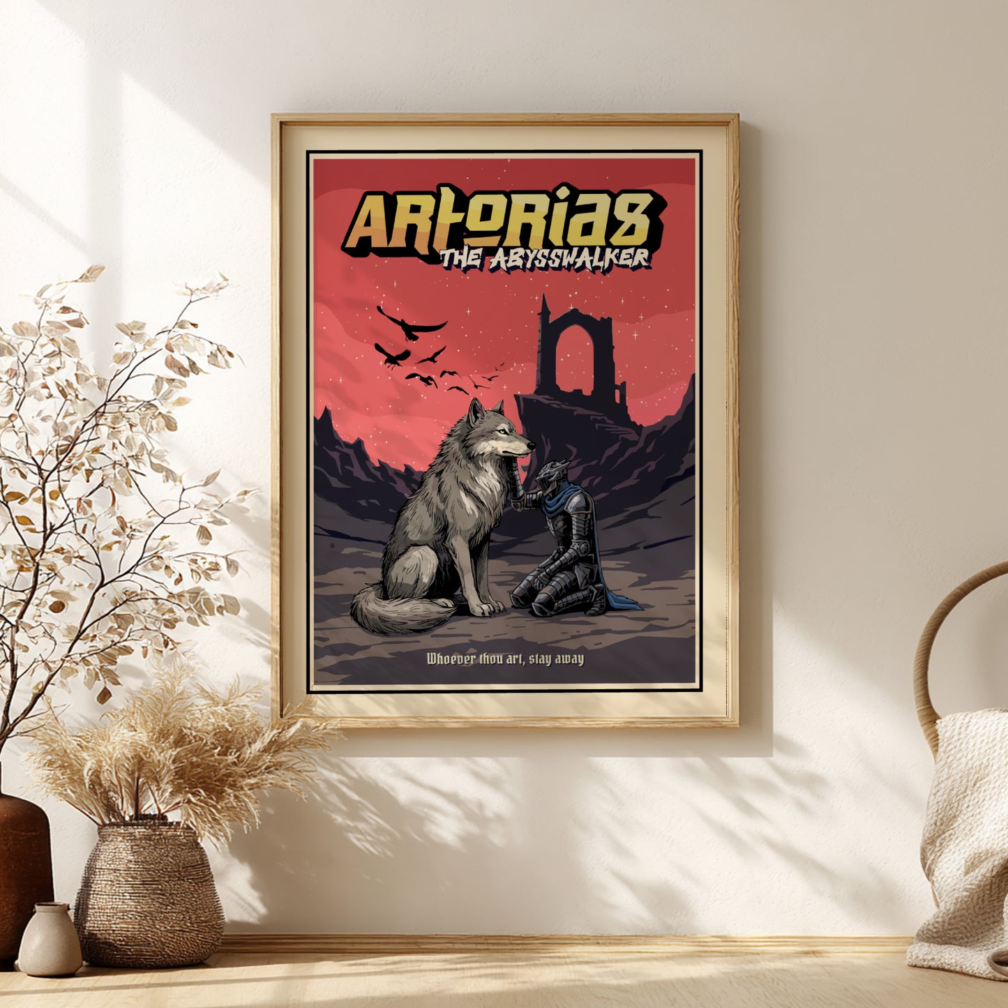Artorias from Dark Souls on a red background, displayed on a wall.