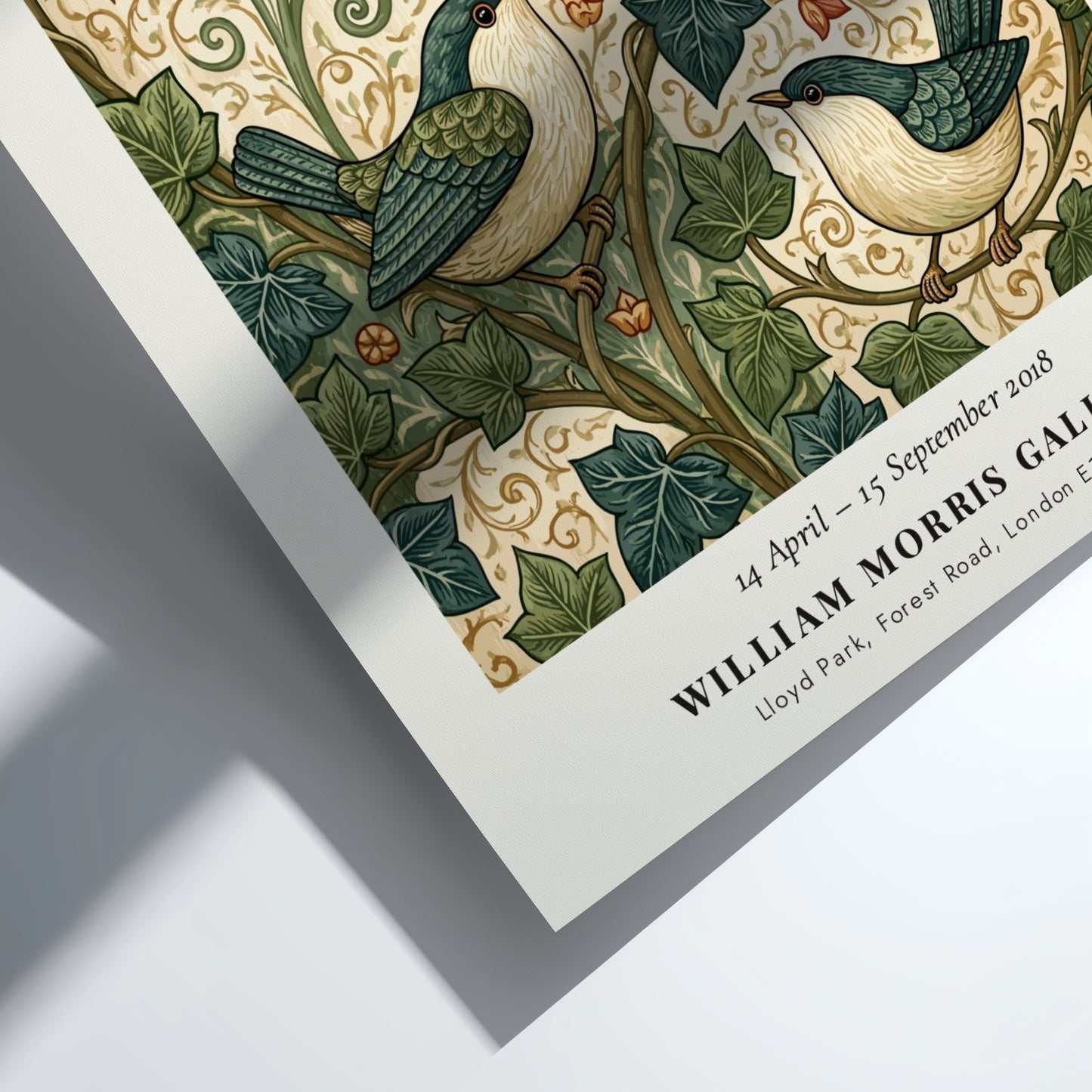William Morris poster featuring birds and foliage in rich colors, showcasing Arts & Crafts style