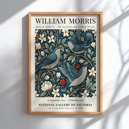 William Morris poster featuring floral patterns in blue tones, Arts & Crafts design