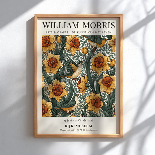William Morris poster featuring daffodils and birds in vibrant colors