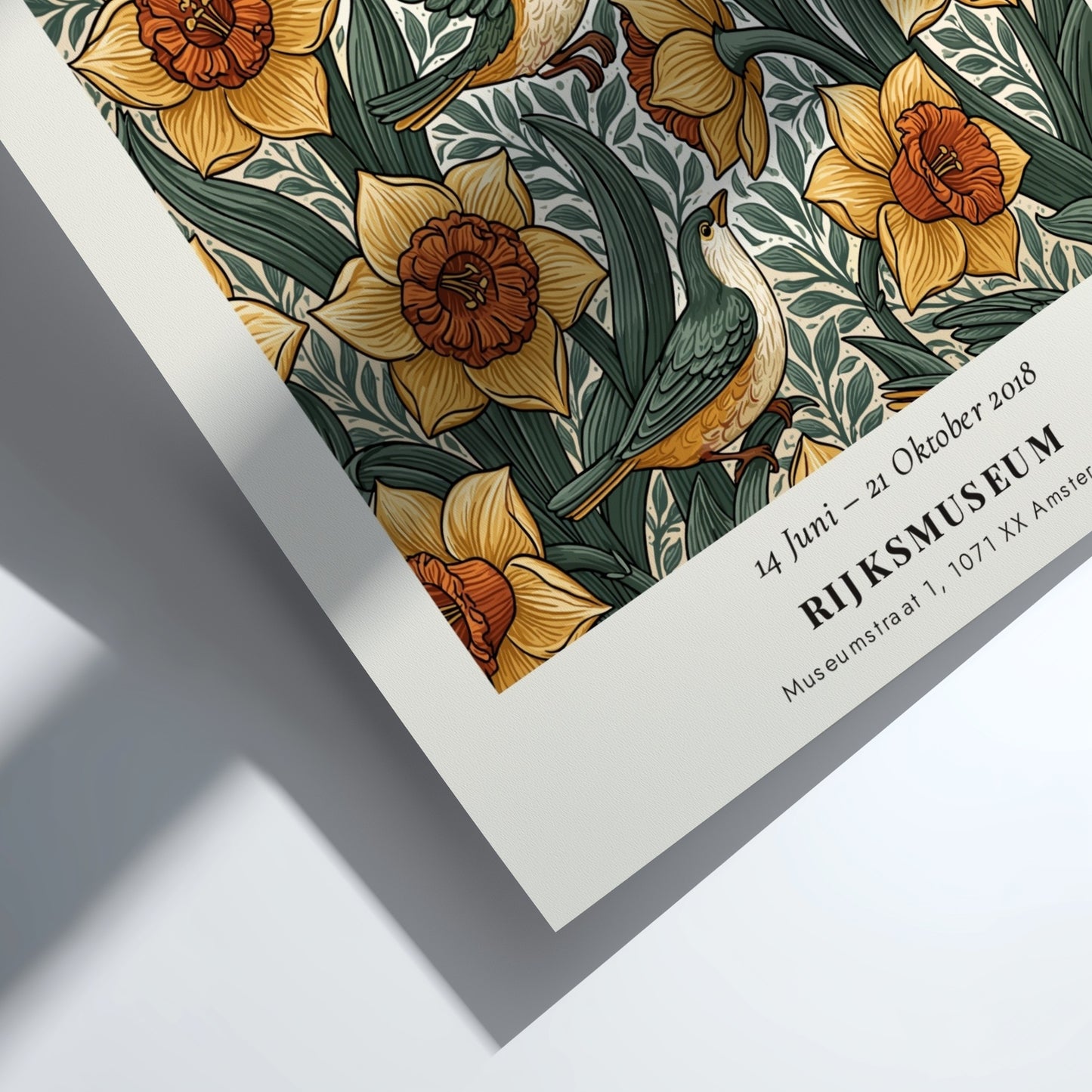 William Morris poster featuring daffodils and birds in vibrant colors
