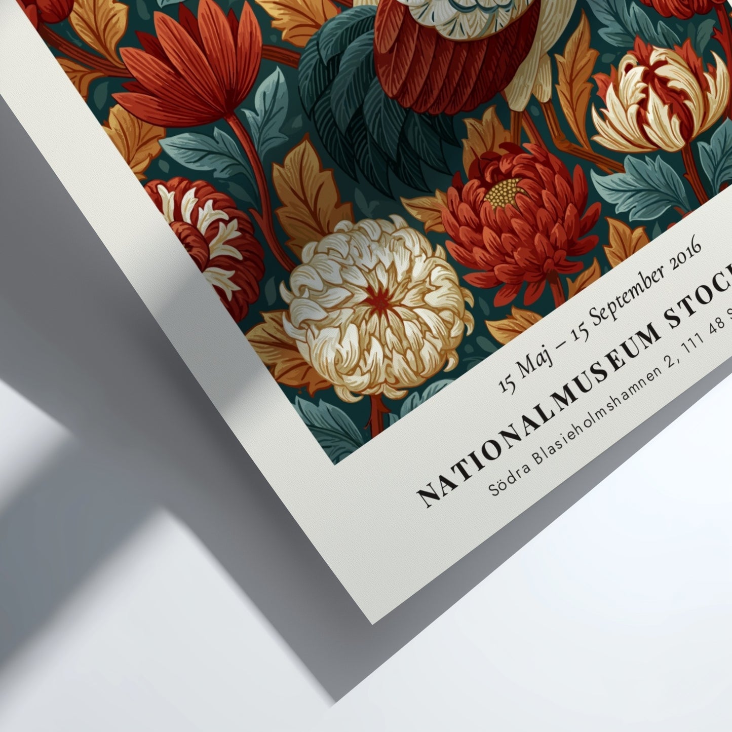 William Morris poster featuring cranes and floral patterns in rich colors