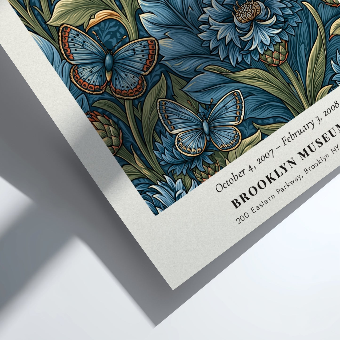 William Morris poster featuring floral design with blue flowers and butterflies