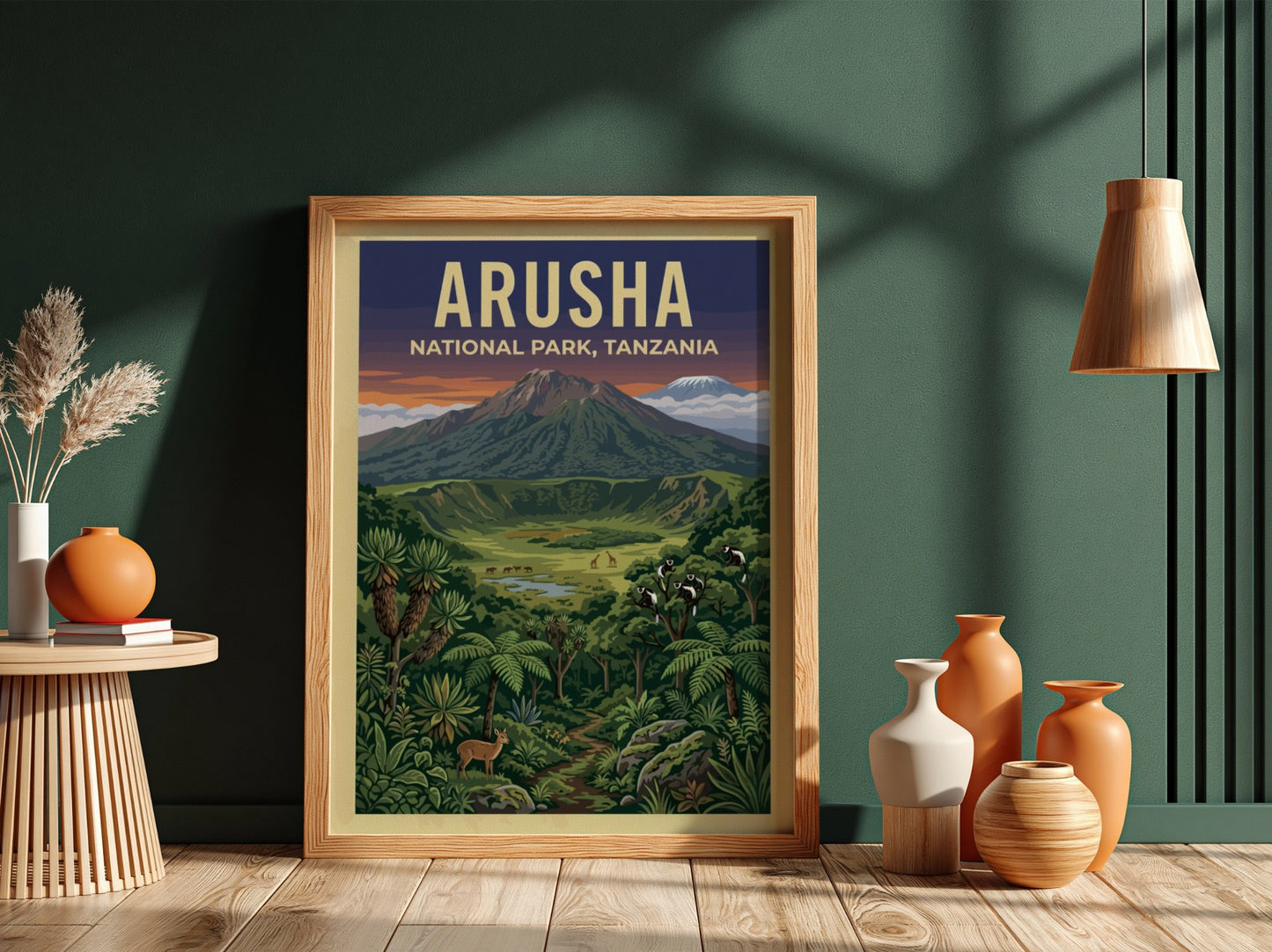 Aruha National Park poster featuring vibrant landscapes, mountains, and wildlife in rich colors.