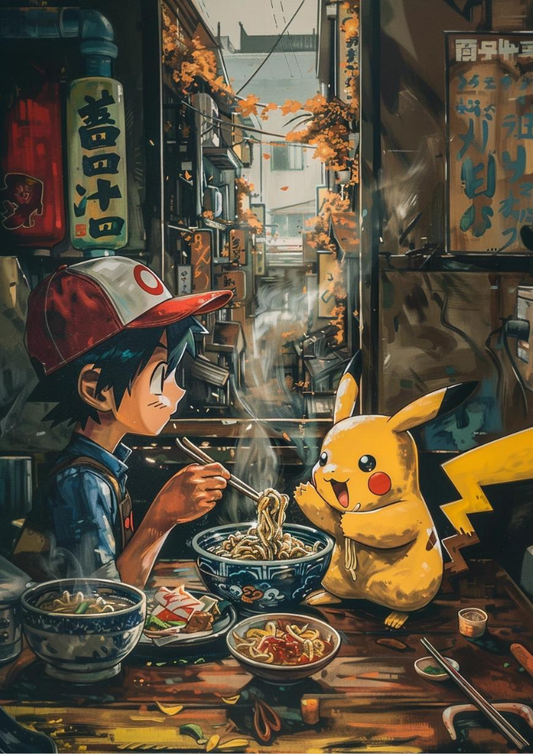 A poster featuring Ash and Pikachu from Pokemon, enjoying a meal of ramen in a Japanese-style tapestry art style.