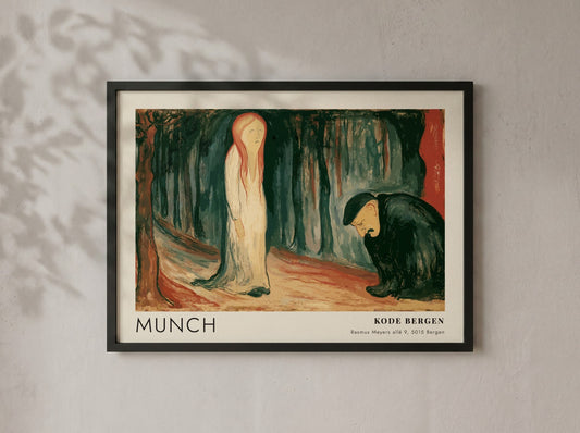 Exhibition poster featuring Edvard Munch's Ashes painting in a light wooden frame hanging