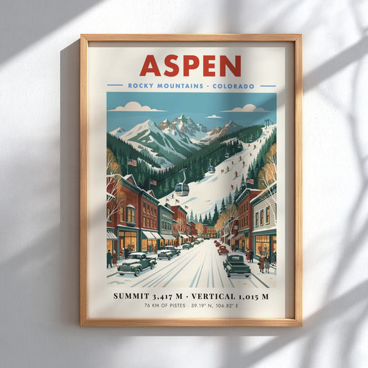 Aspen ski resort poster featuring vintage mountain landscape and town scene