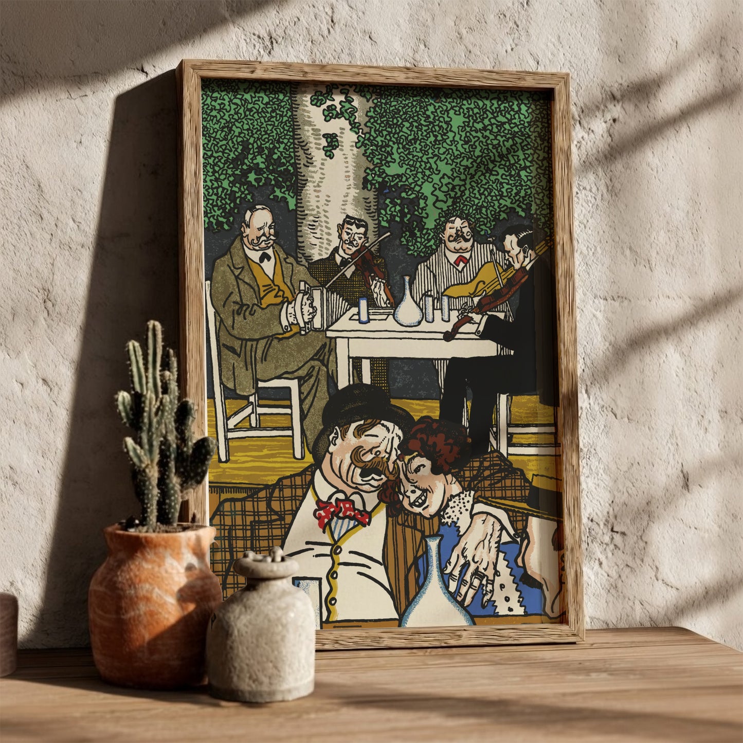 Art Nouveau poster of Moriz Jung's "At the Heuriger" depicting a lively tavern scene with musicians and