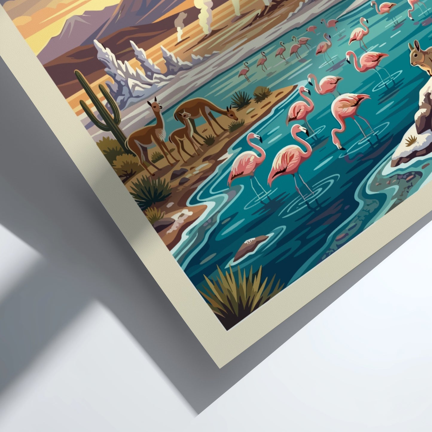 Travel poster of the Atacama Desert with flamingos, vicuñas, and mountains under stars.