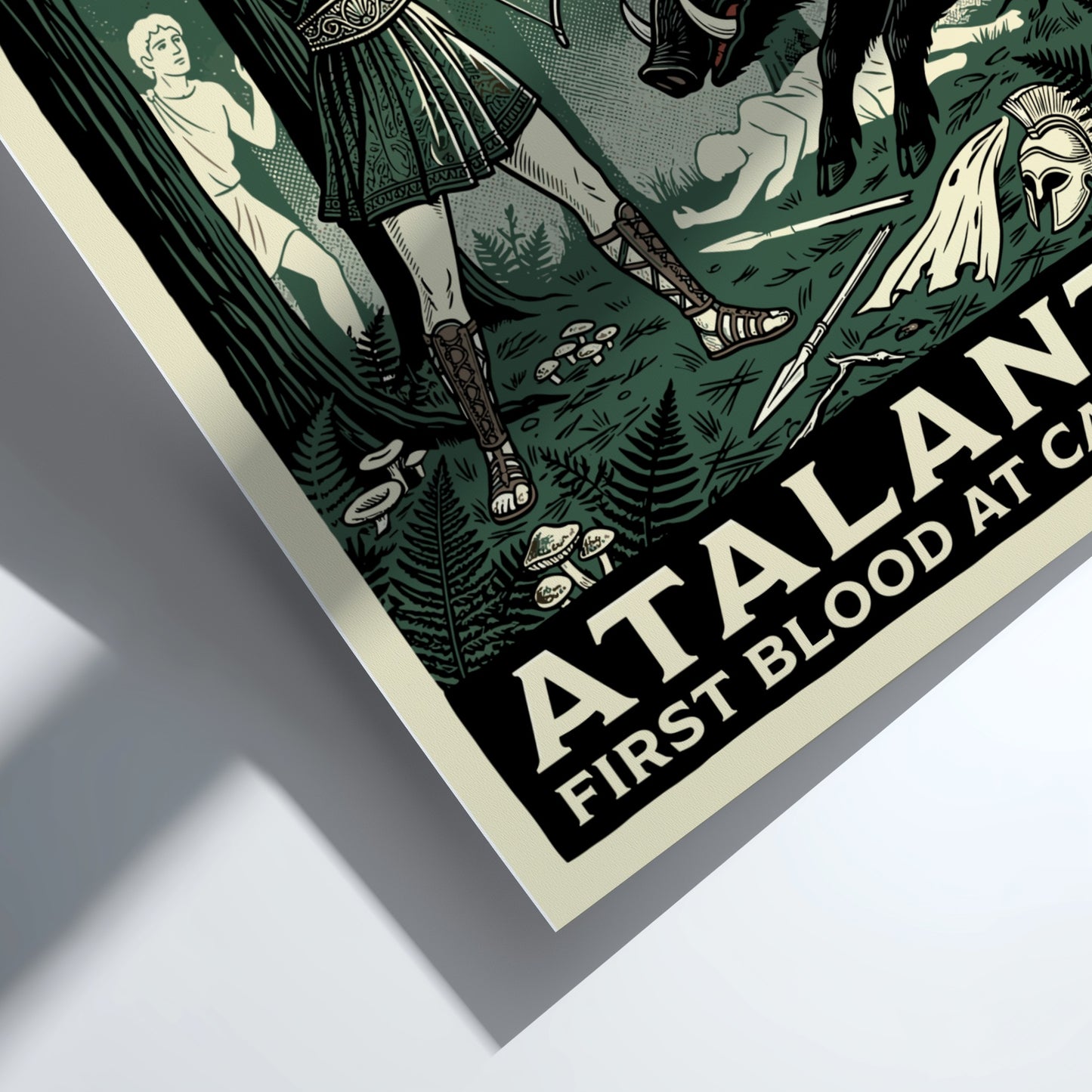Atalanta Greek mythology poster featuring the huntress shooting a boar, dark green forest style.