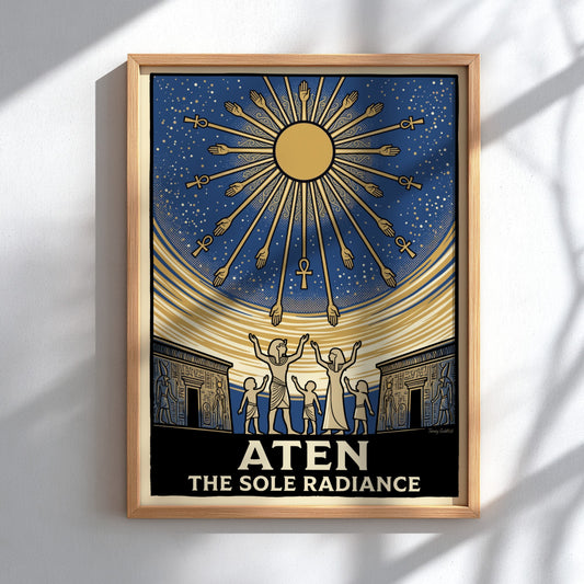 Poster displaying the Aten sun disc with radiating arms and ankhs above an Egyptian family.