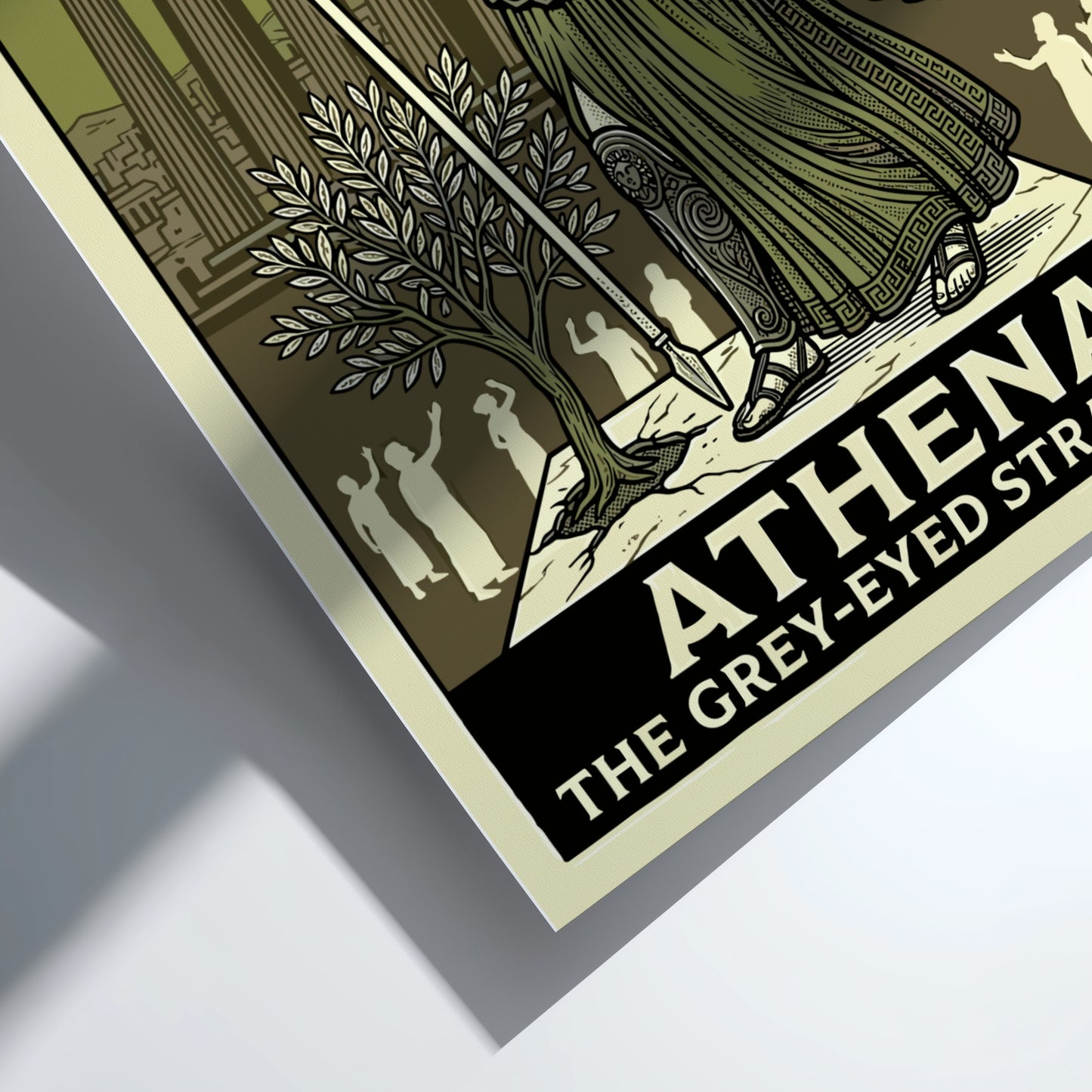 Athena Greek mythology poster featuring the goddess in armor with owls and the Parthenon.