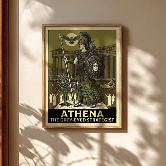 Athena Greek mythology poster featuring the goddess in armor with owls and the Parthenon.
