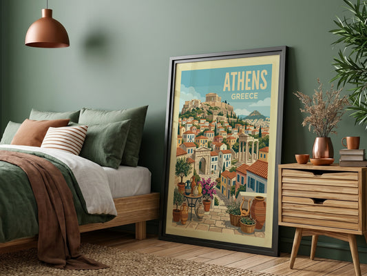 Vintage Athens travel poster illustration of the Acropolis and Greek cityscape in warm, retro colors.