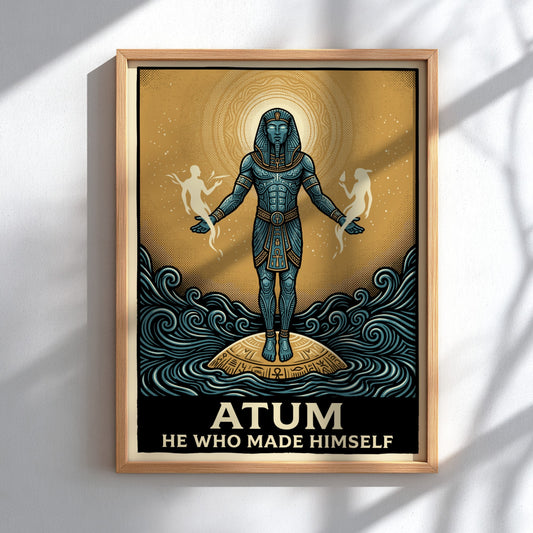 Poster featuring the Egyptian god Atum rising from dark waves in gold colors.